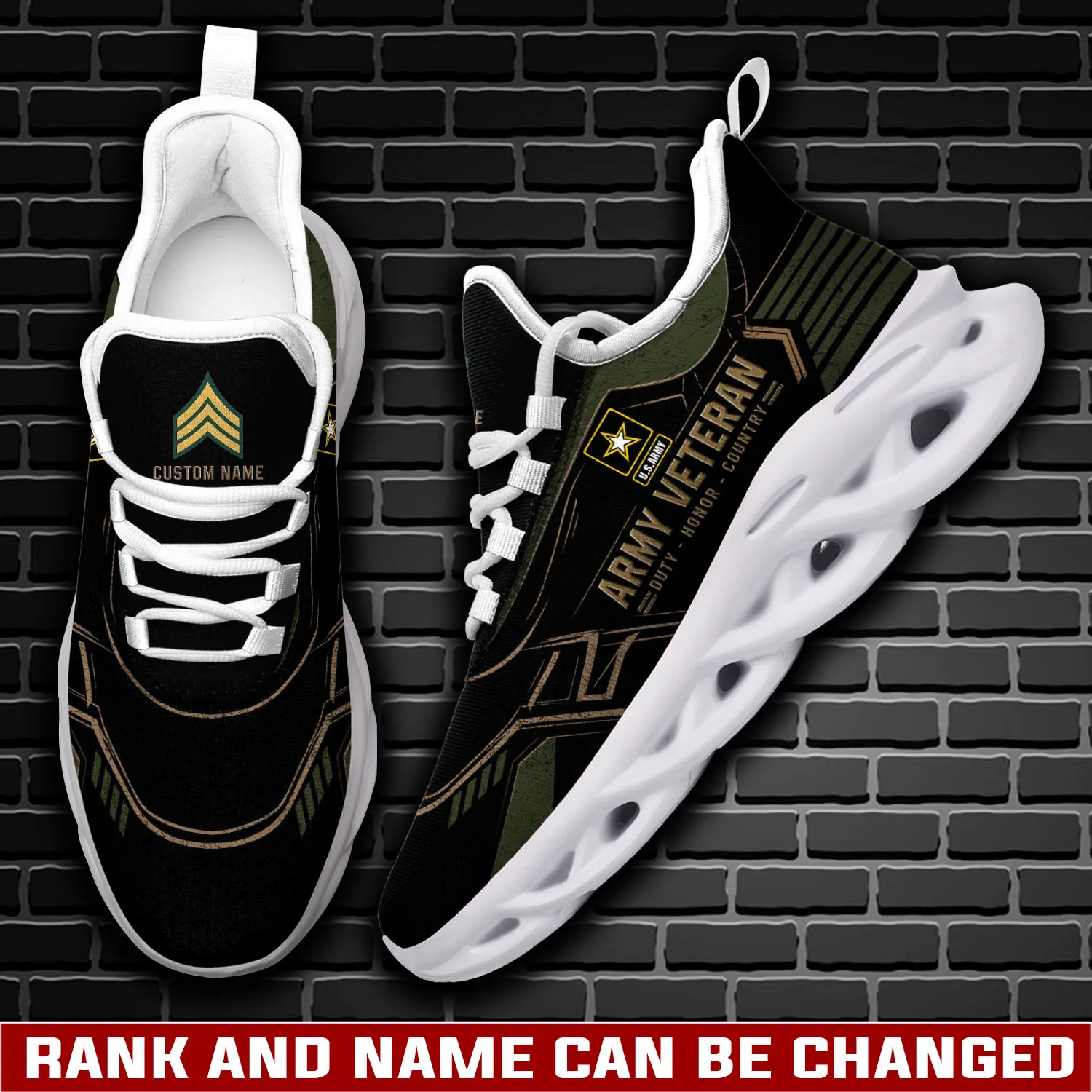 US Army E-4 Army Corporal Max Soul Shoes, Personalized Veteran Sneakers With Custom Name and Rank, Duty Honor Country Military Gift for Dad
