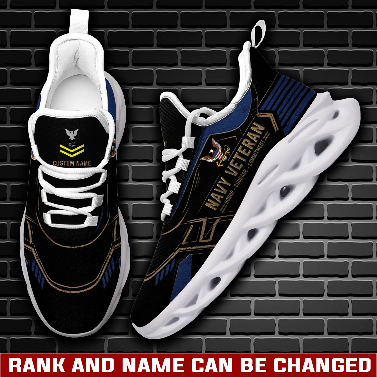 US Navy E-4 Red Personalized Max Soul Shoes, Custom Name, Rating and Rank, Veteran Honor Courage Commitment Sneakers, Military Gift