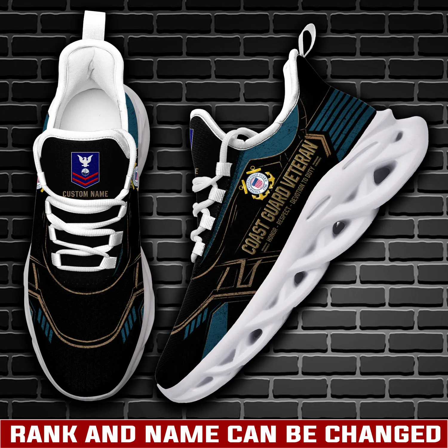 US Coast Guard E-3 Blue Personalized Max Soul Shoes, Custom Name, Rating and Rank, Veteran Honor Respect Devotion to Duty Sneakers