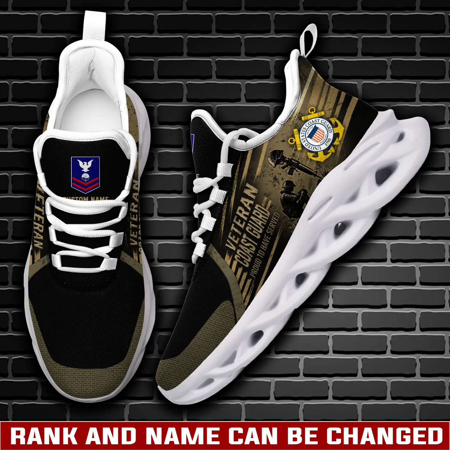 US Coast Guard Veteran Proud to Have Served Personalized Max Soul Shoes, Custom Name, Rating and Rank, Military Lace-Up Sneakers Gift