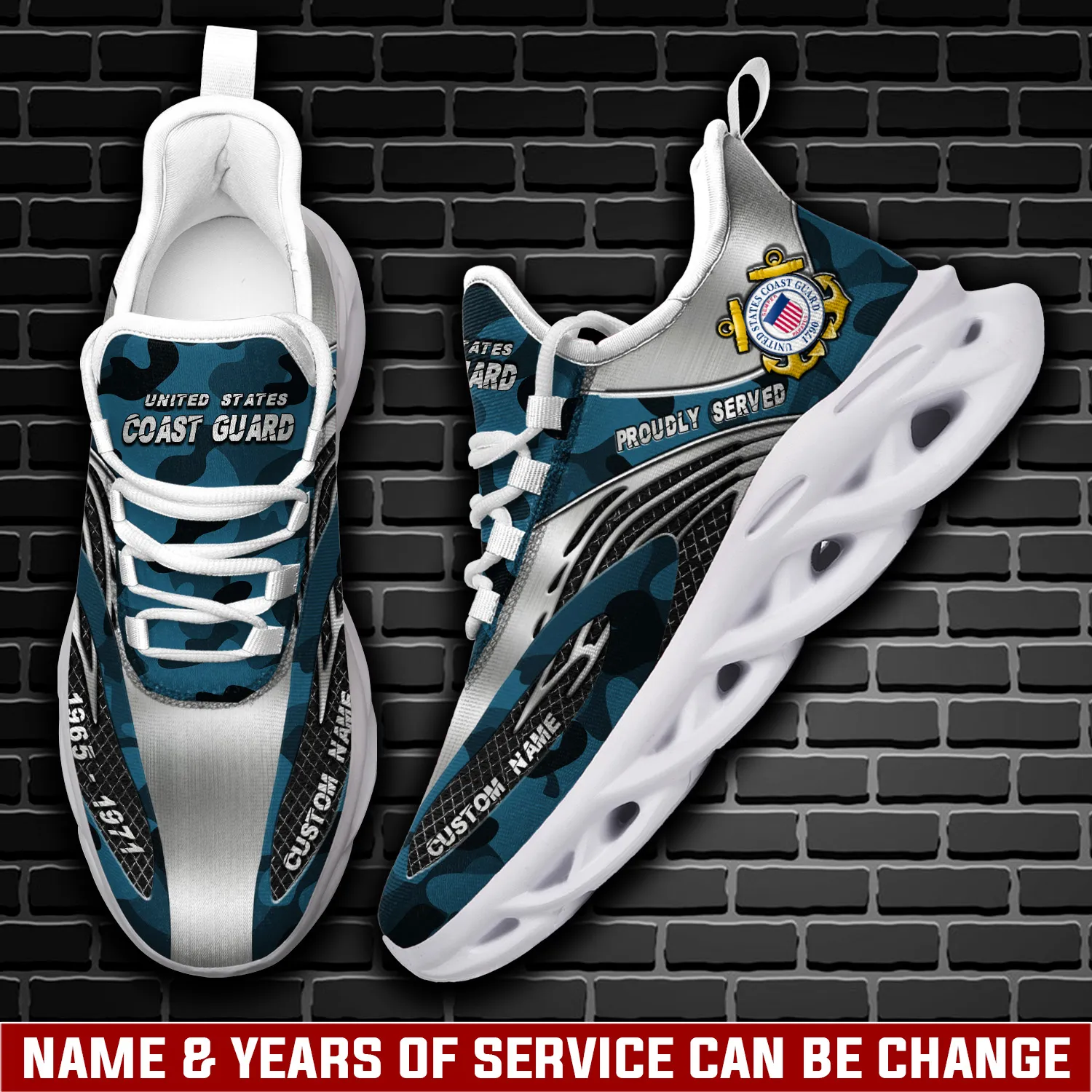 US Coast Guard Proudly Served Personalized Max Soul Shoes, Custom Name and Years of Service, Teal Camo Veteran Sneakers, Military Gift
