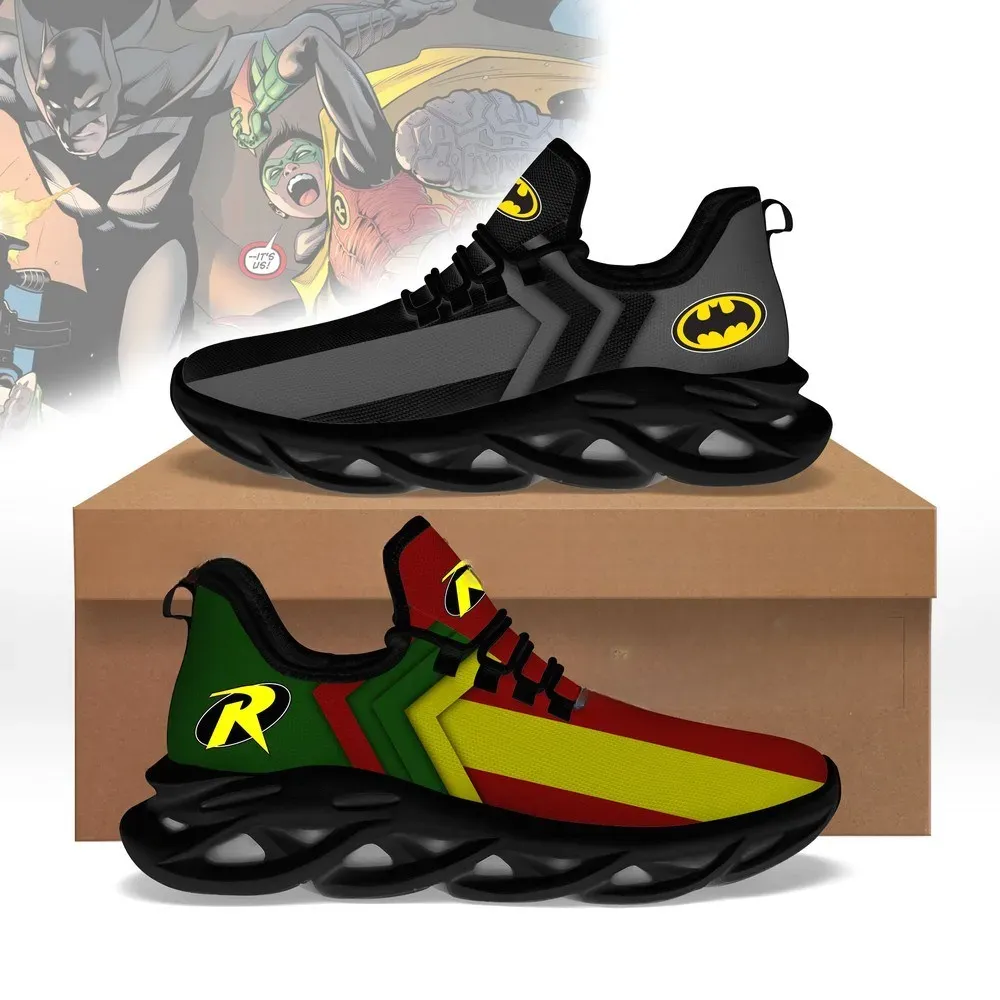 Batman Vs Robin Max Soul Shoes, Mismatched Superhero Sneakers with Bat Emblem and Red R Logo, Comic Book Fan Gift for Men and Women