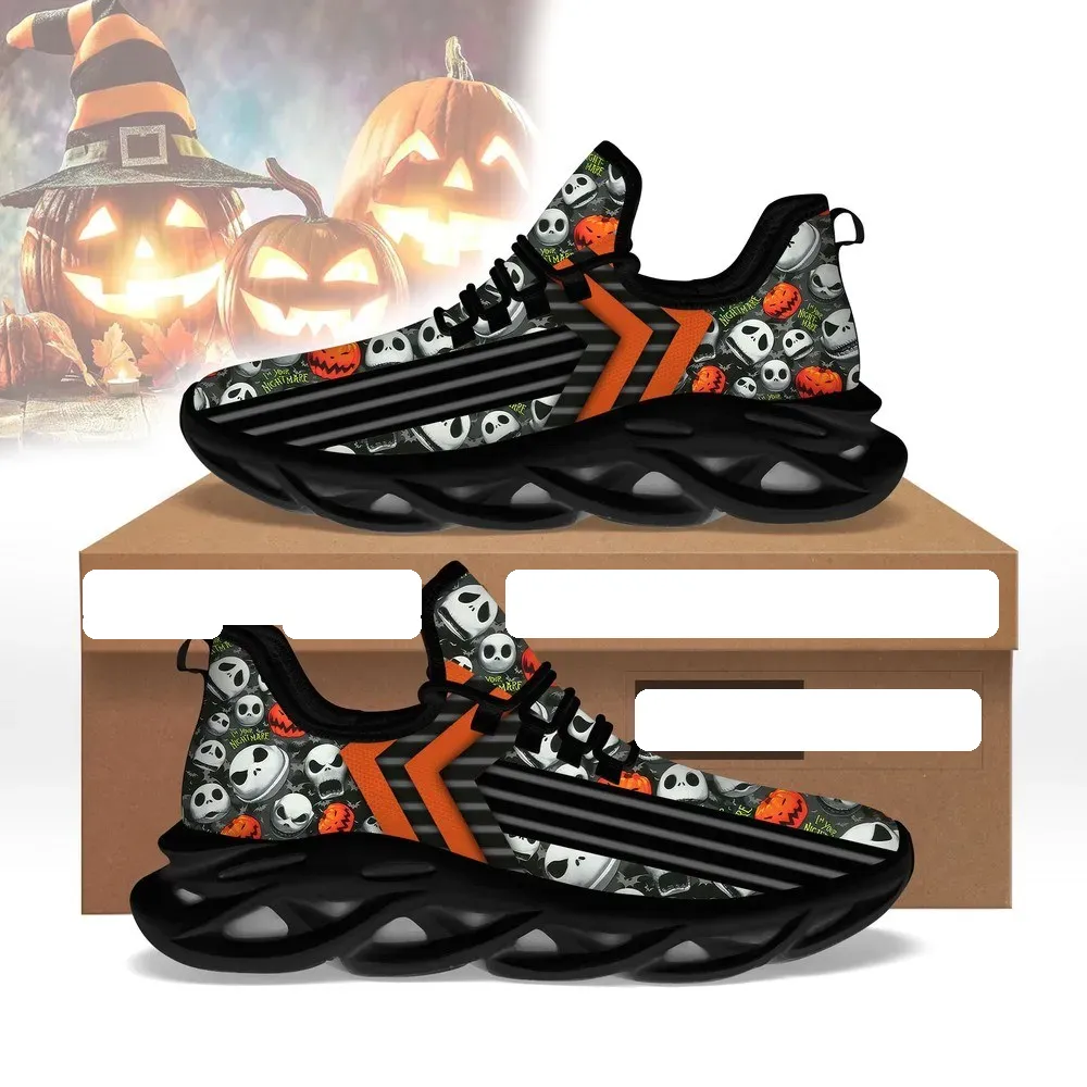 Ghost Pumpkin Max Soul Shoes, Halloween Skeleton Face and Jack-o'-Lantern Sneakers, Spooky Lace-Up Running Shoes for Men and Women