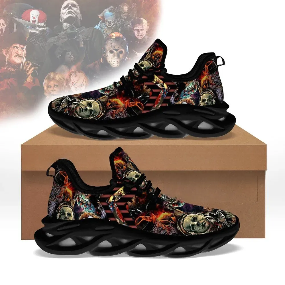 Horror Killers Max Soul Shoes, Halloween Slasher Movie Sneakers with Masked Villain Collage, Scary Film Fan Gift for Men and Women