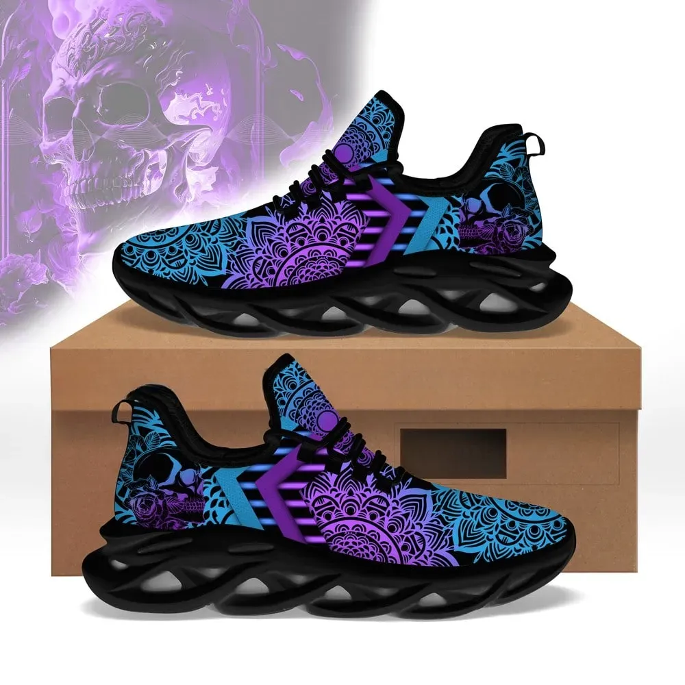 Colorful Mandala And Skull Max Soul Shoes, Blue and Purple Boho Lace-Up Sneakers, Gothic Walking Footwear, Halloween Gift for Women and Men