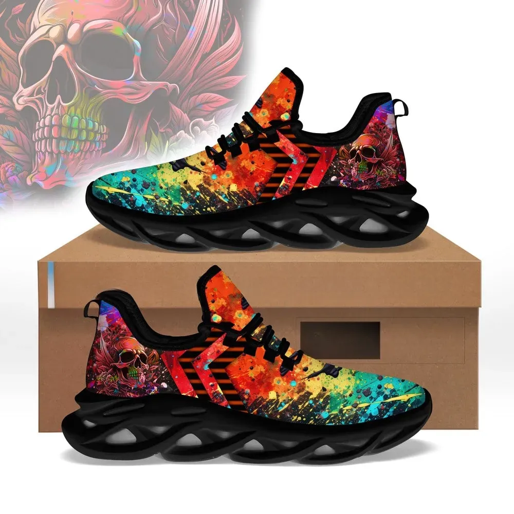 Colorful Skull Max Soul Shoes, Rainbow Paint Splatter Lace-Up Sneakers, Floral Rose Skeleton Walking Footwear, Bright Halloween Gift for Teens