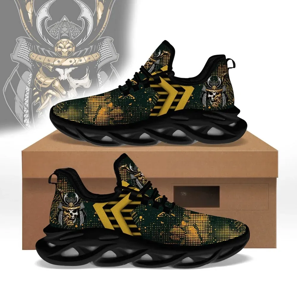 Golden Samurai Skull Max Soul Shoes, Japanese Warrior Lace-Up Sneakers, Green and Gold Halftone Walking Footwear, Gift for Men and Japan Fans