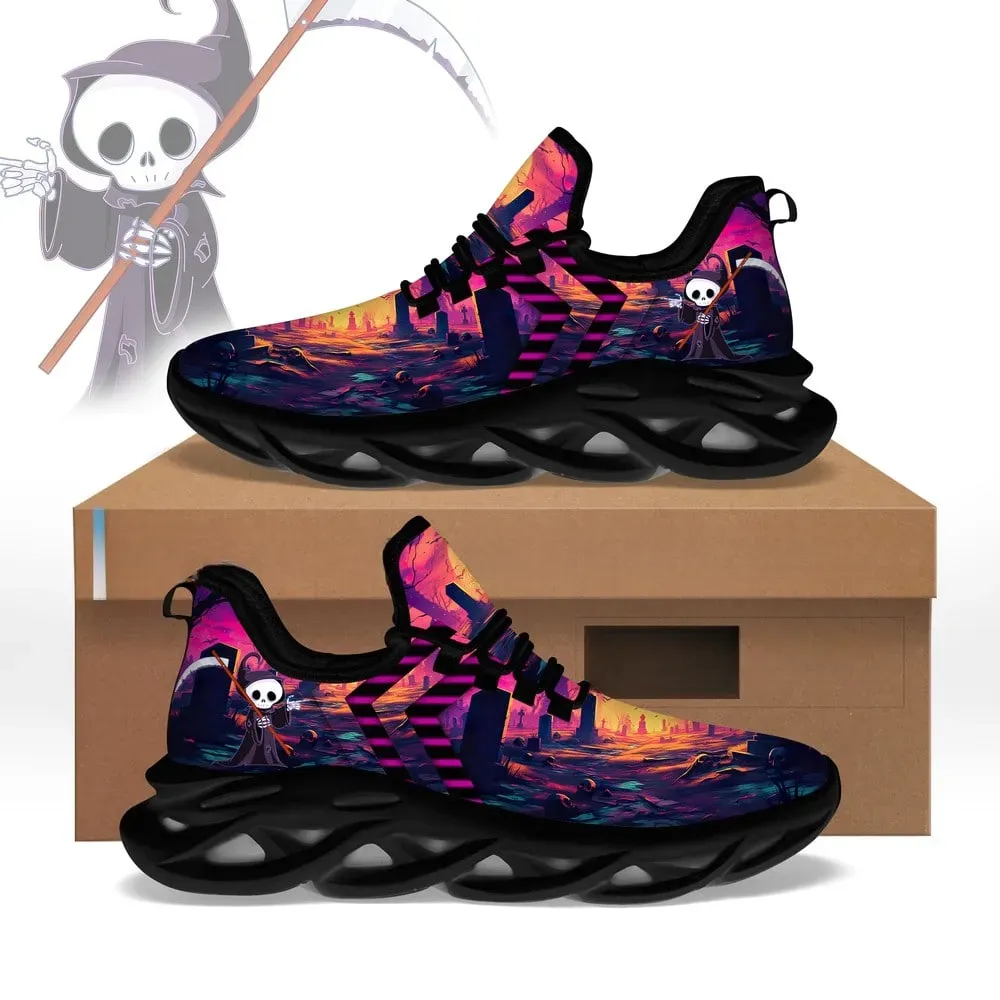 Purple Night Cartoon Reaper Max Soul Shoes, Cute Skeleton Graveyard Sneakers, Halloween Lace-Up Walking Footwear, Spooky Gift for Women and Teens