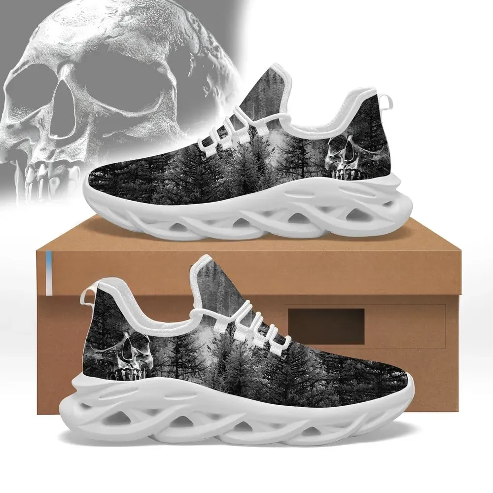 Skull And Fir Max Soul Shoes, Misty Pine Forest Lace-Up Sneakers, Black and White Gothic Walking Footwear, Halloween Gift for Nature Lovers