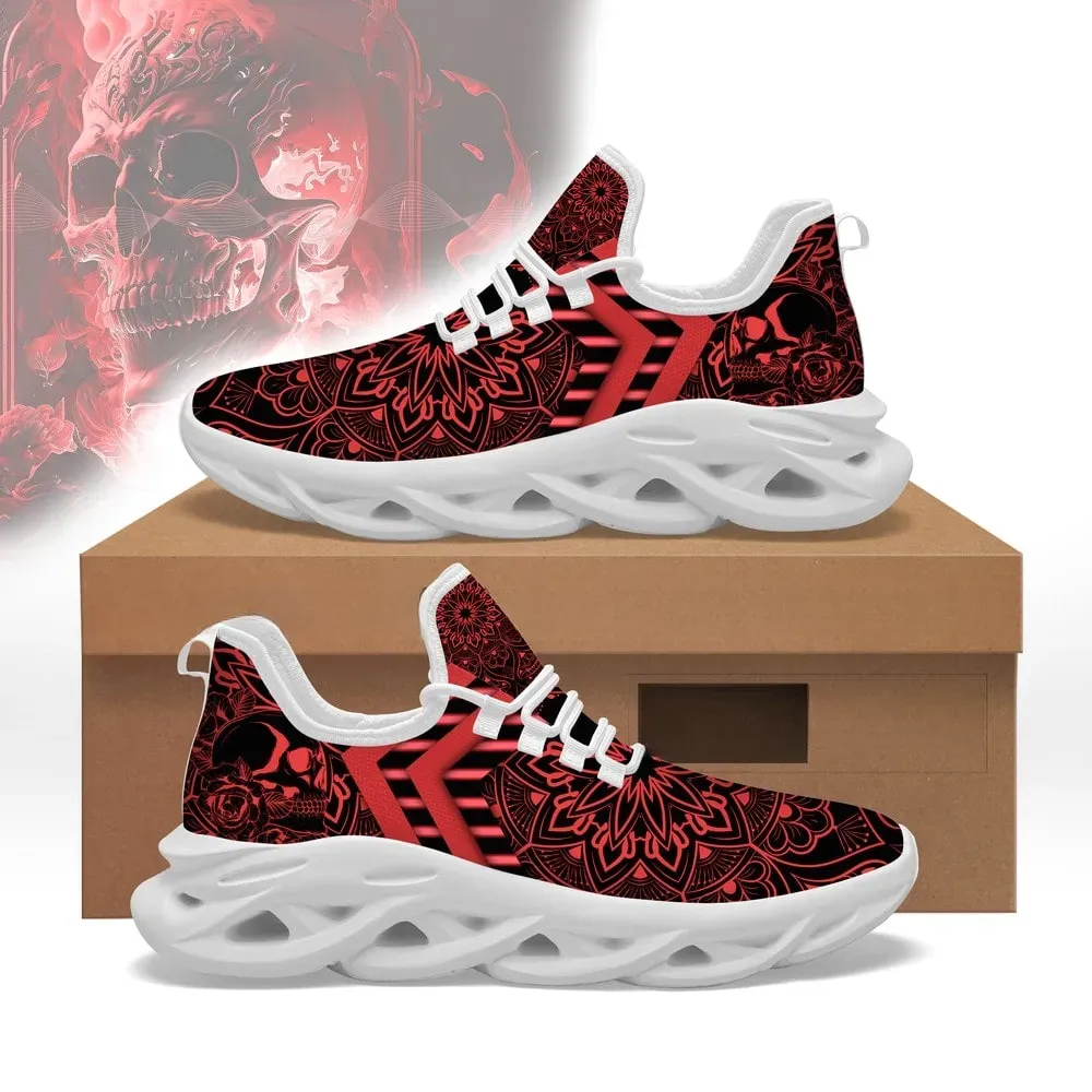 Red Skull Mandala Max Soul Shoes, Gothic Black Lace-Up Sneakers, Halloween Walking Footwear, Dark Boho Pattern Gift for Horror Fans