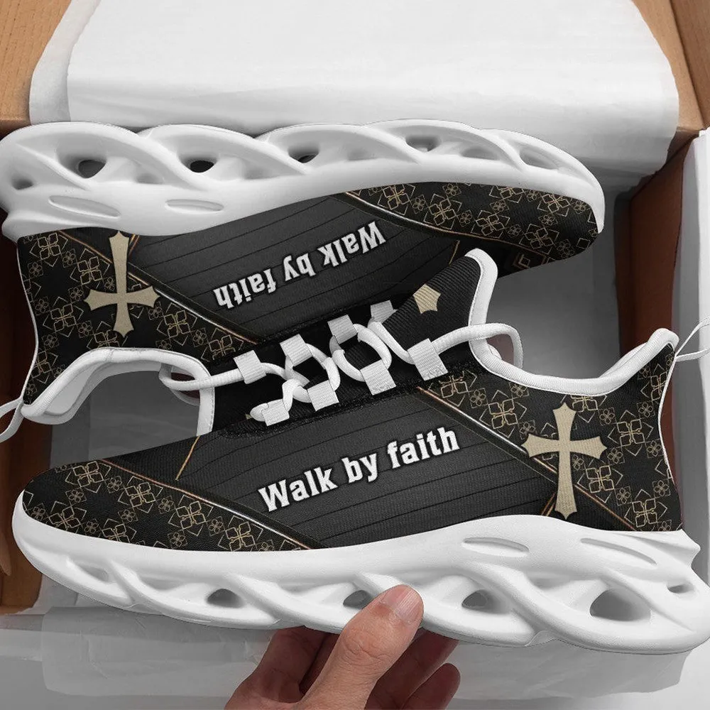 Black Jesus Christ Walk By Faith Christian Max Soul Shoes, Gold Cross Floral Pattern Sneakers, Elegant Lace-Up Church Footwear for Men and Women