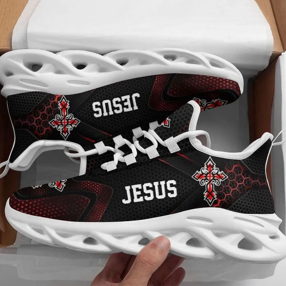 Black Jesus Cross Max Soul Shoes, Red Honeycomb Gothic Christian Sneakers, Bold Lettering Lace-Up Footwear, Faith Gift for Men and Women