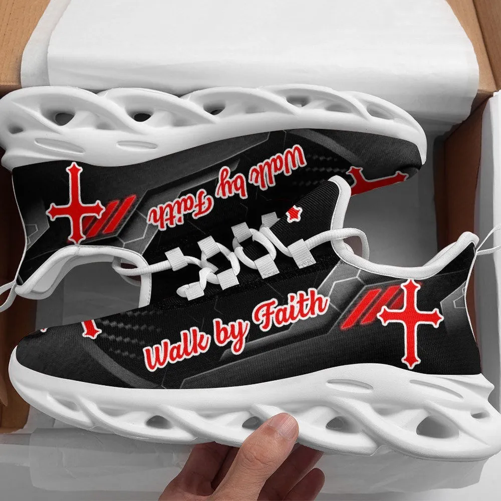 Black Jesus Walk By Faith Max Soul Shoes, Red Cross Christian Sneakers, Grey Carbon Pattern Lace-Up Footwear for Church and Daily Walks