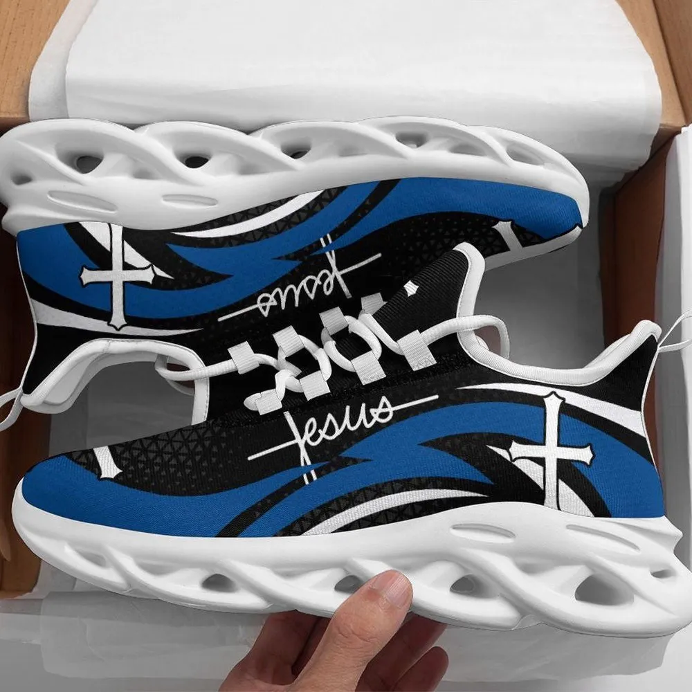 Blue Jesus Cross Max Soul Shoes, Black Christian Sneakers with Handwritten Name Script, Lightweight Lace-Up Faith Walking Footwear Gift