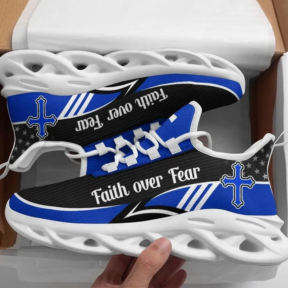 Blue Jesus Faith Over Fear Max Soul Shoes, Black Cross Christian Sneakers with Stars, Lace-Up Walking Footwear for Church and Everyday