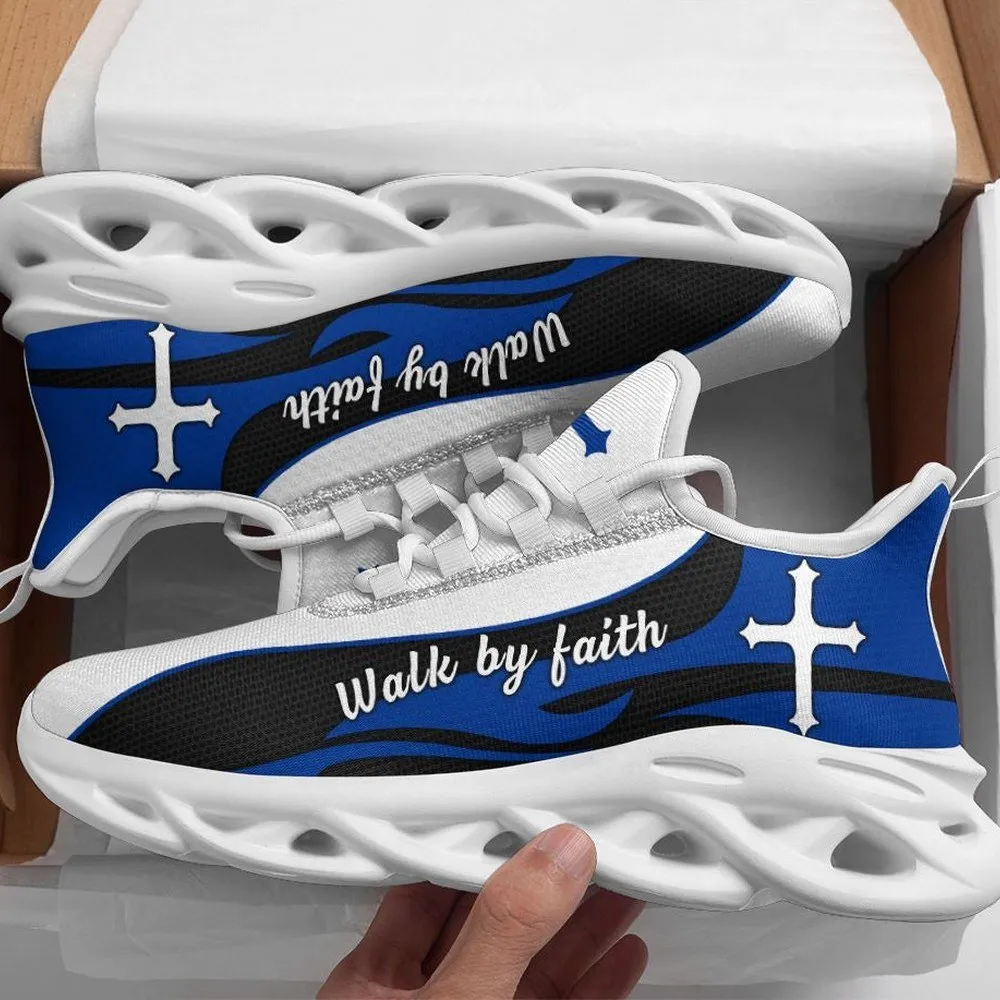 Blue Jesus Walk By Faith Max Soul Shoes, White Cross Christian Sneakers, Lightweight Lace-Up Walking Footwear, Church Gift for Women and Men