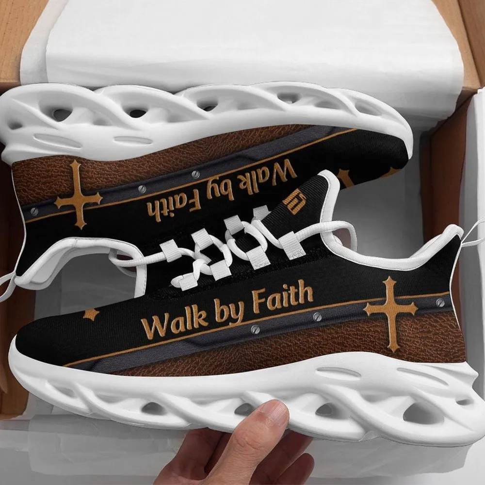 Brown Jesus Walk By Faith Max Soul Shoes, Leather Look Gold Cross Christian Sneakers, Comfortable Lace-Up Church Footwear for Men and Women