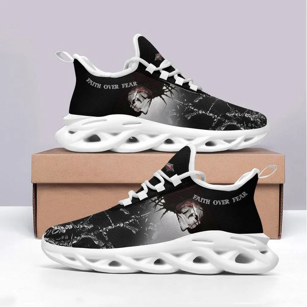 Christ Carrying The Cross Faith Over Fear Max Soul Shoes, Black and Silver Crown of Thorns Christian Sneakers, Inspirational Walking Gift