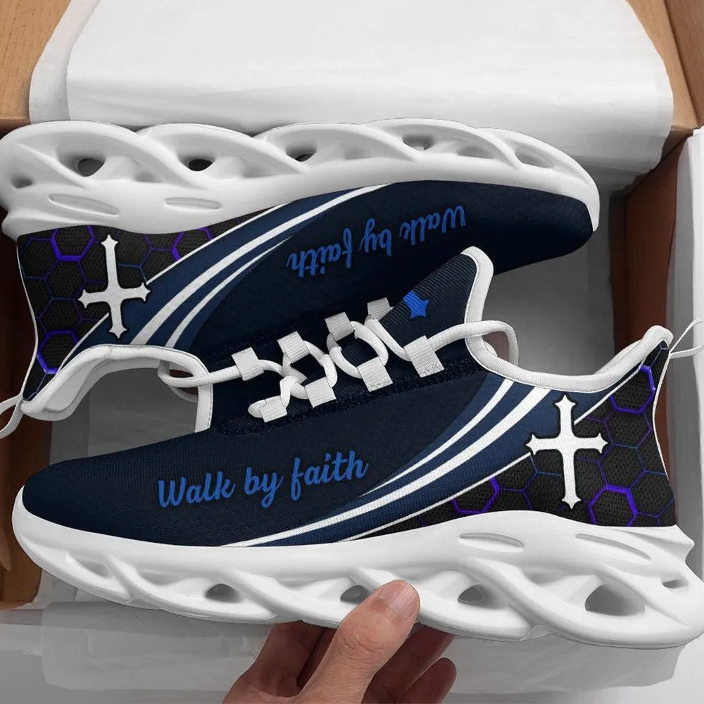 Christ Jesus Cross Walk By Faith Blue Max Soul Shoes, Navy Christian Sneakers, Lace-Up Walking Footwear for Church and Bible Study Gift
