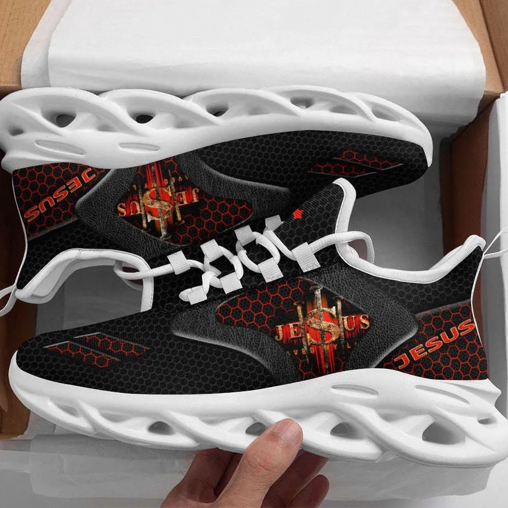 Christ Jesus Saved My Life Black Max Soul Shoes, Red Honeycomb Cross Emblem Christian Sneakers, Faith Gift for Believers and Churchgoers