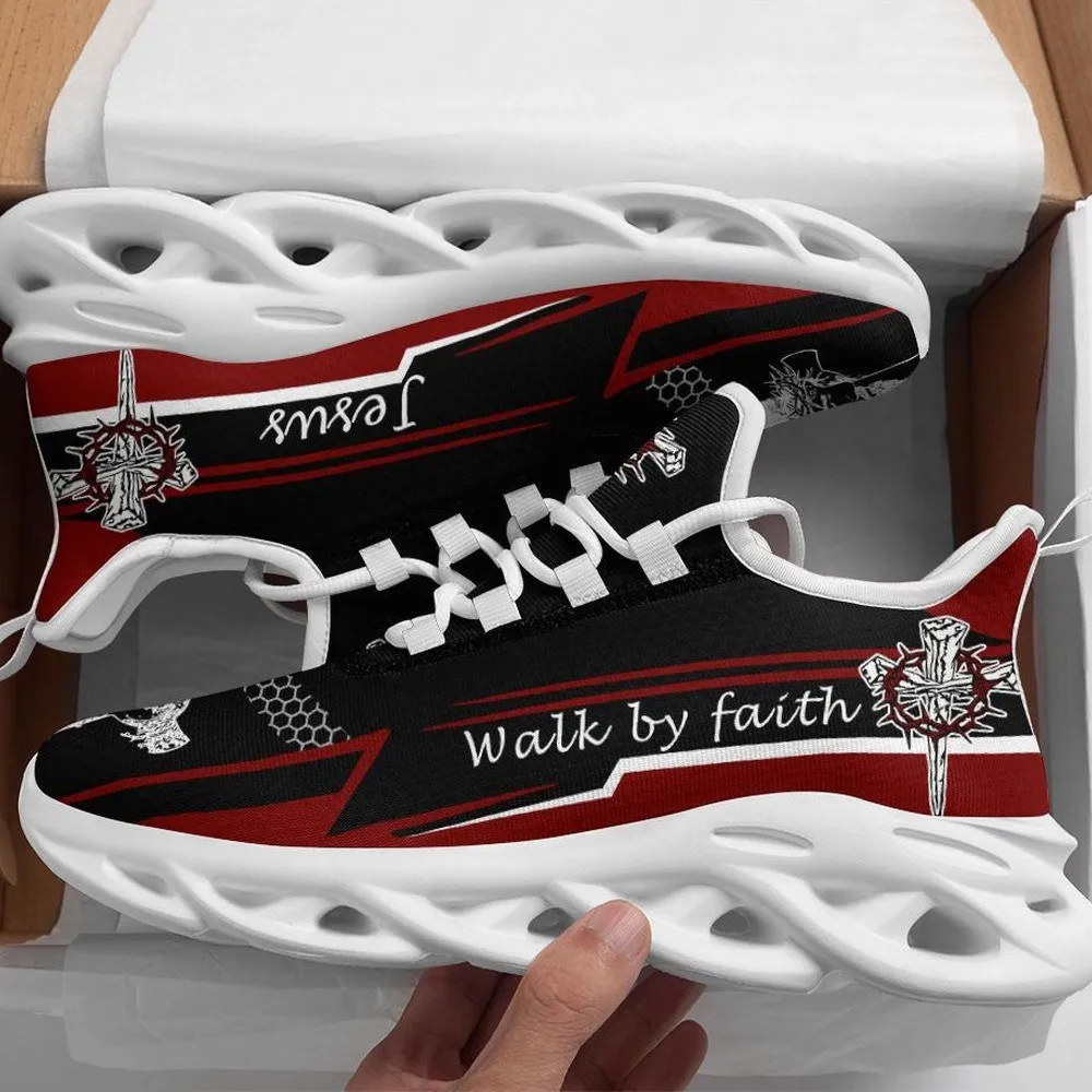 Christ Jesus Walk By Faith Red Black Christian Max Soul Shoes, Crown of Thorns Cross Sneakers, Church Walking Gift for Men and Women
