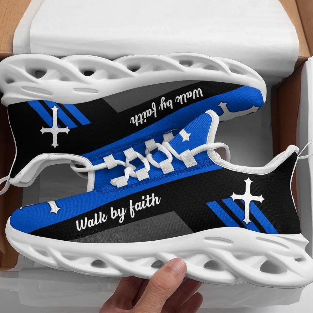 Cross Jesus Walk By Faith Blue Max Soul Shoes, Royal Christian Sneakers, Church Walking Footwear Gift for Men and Women