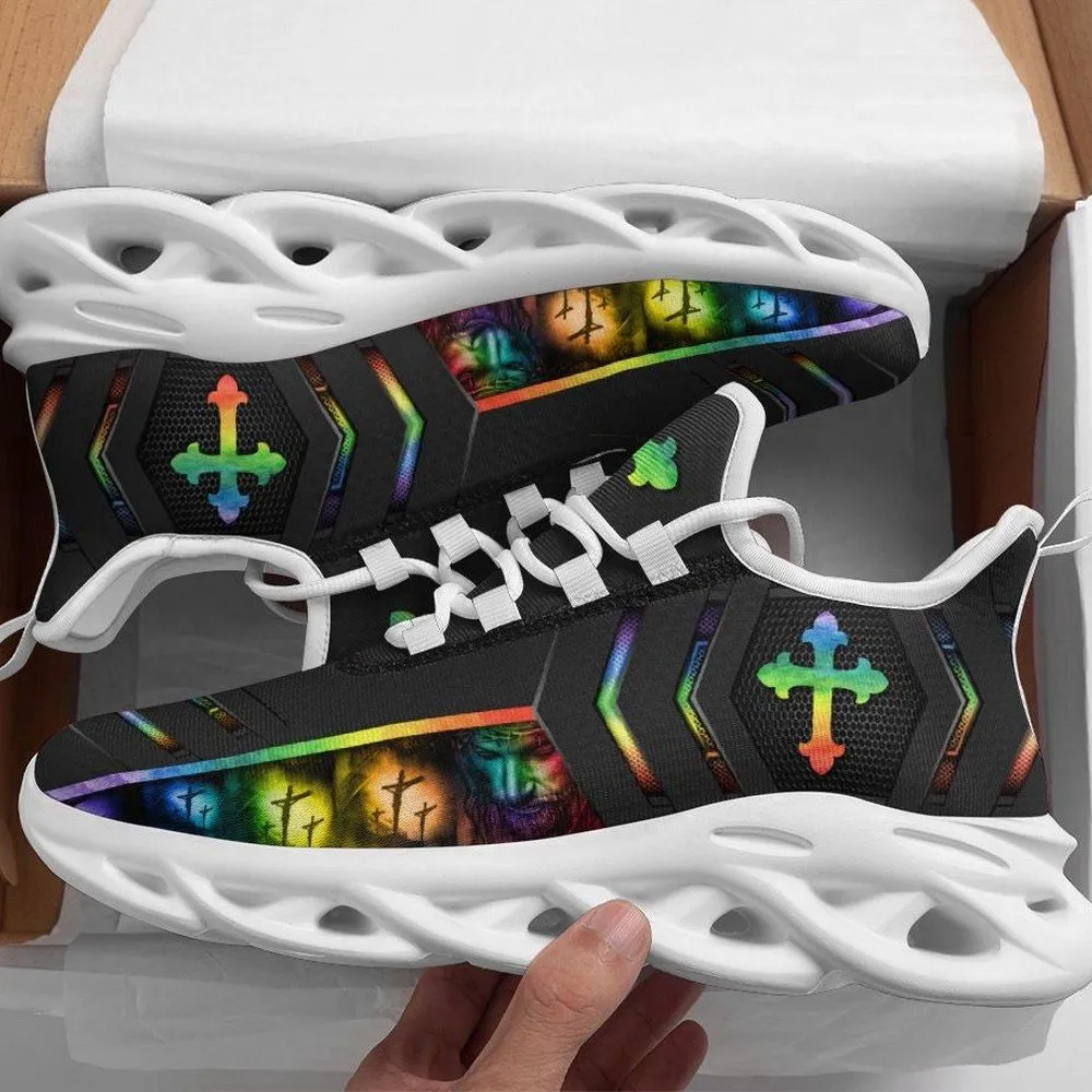 Crucifixion Of Jesus Cross Max Soul Shoes, Rainbow Calvary Christian Sneakers, Easter Church Footwear Gift for Men and Women