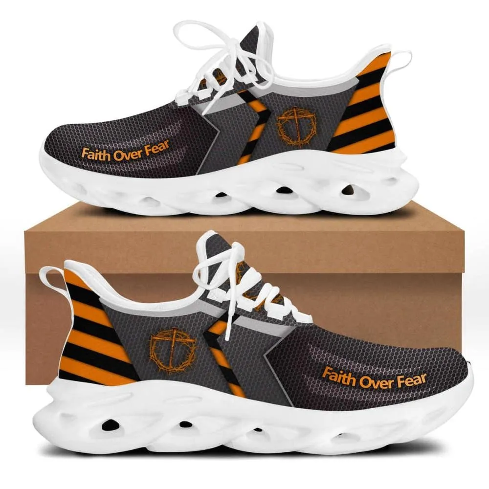 Grey Jesus Faith Over Fear Max Soul Shoes, Crown of Thorns Cross Christian Sneakers, Church Footwear Gift for Men and Women