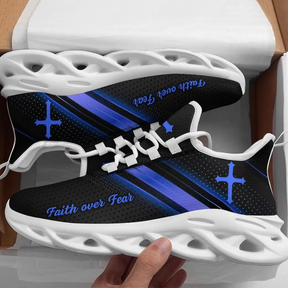 Jesus Black Blue Faith Over Fear Max Soul Shoes, Glowing Cross Christian Sneakers, Church Walking Footwear for Men and Women