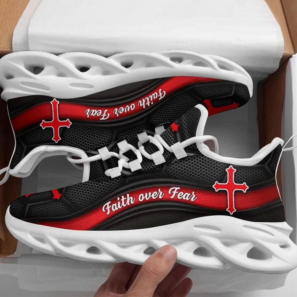 Jesus Black Red Faith Over Fear Max Soul Shoes, Crusader Cross Christian Sneakers, Church Footwear Gift for Women and Men