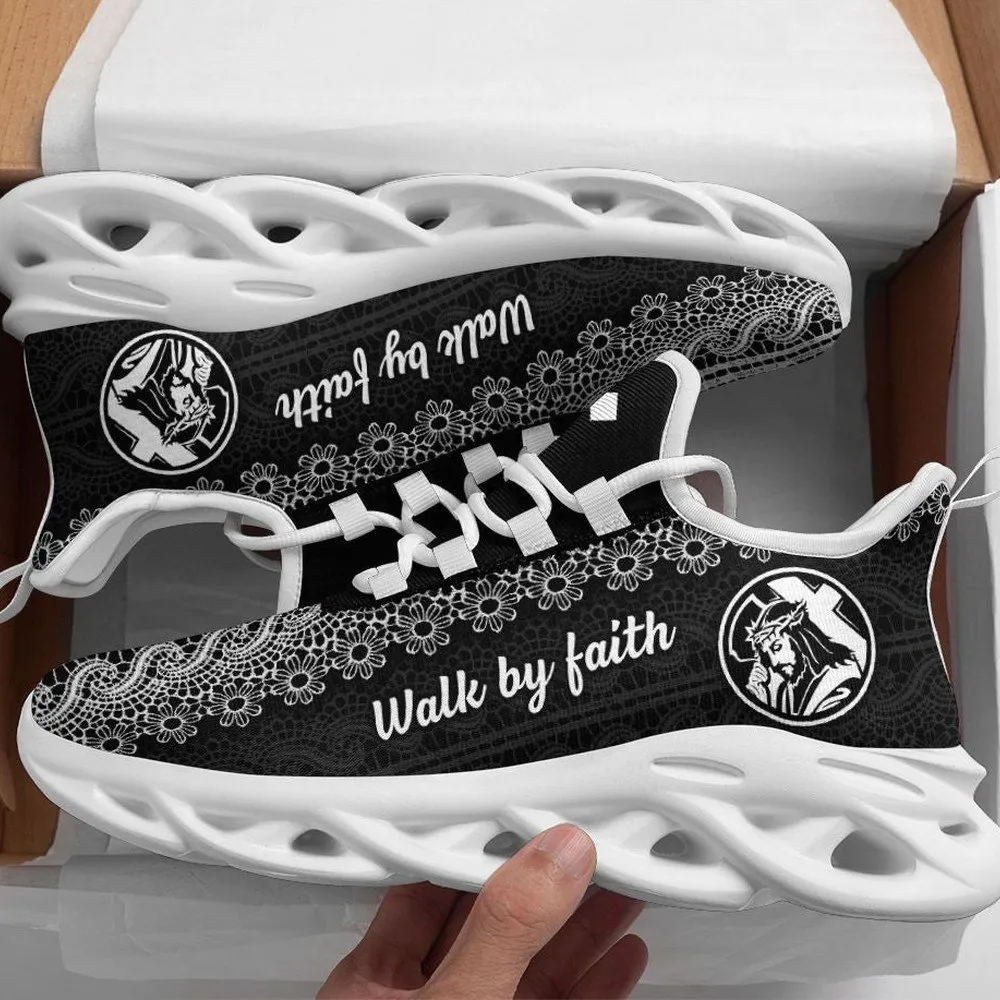 Jesus Carry Cross Walk By Faith Max Soul Shoes, Black Lace Pattern Christian Sneakers, Church Footwear Gift for Women and Men