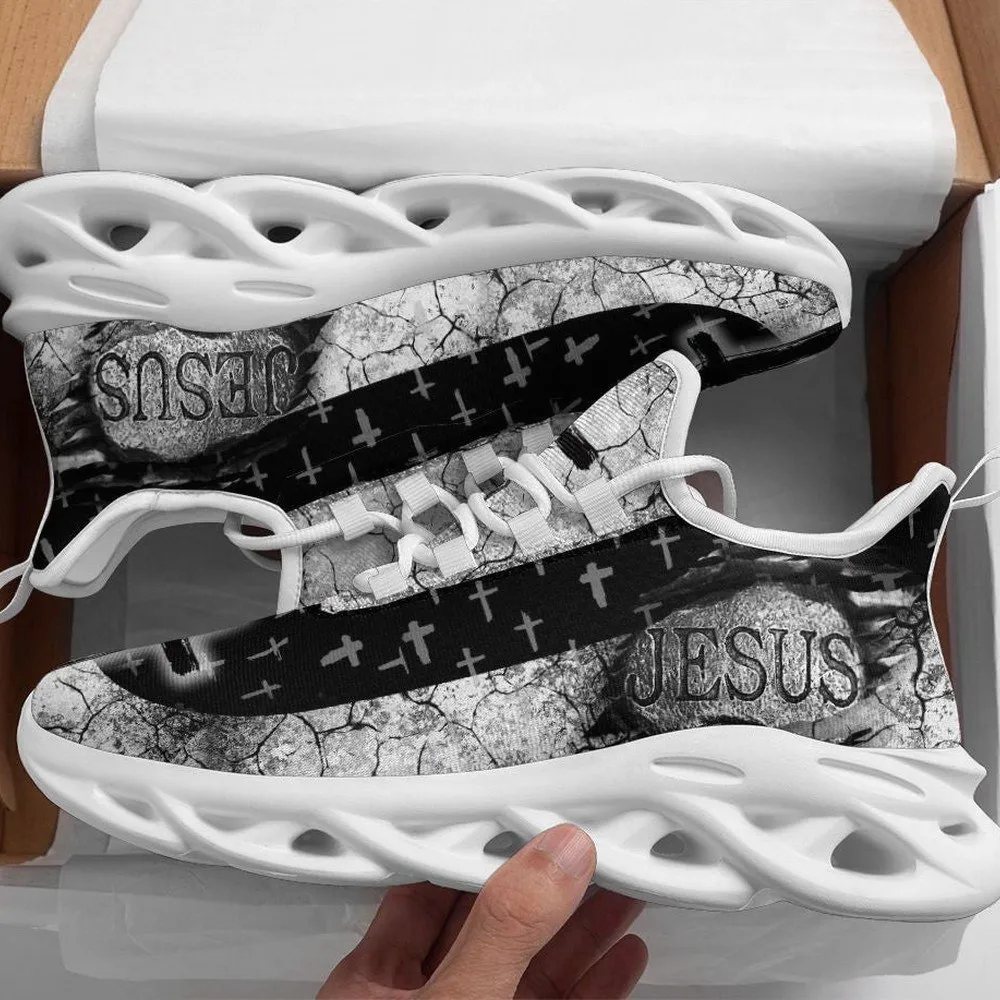 Jesus Christ Cross Black Max Soul Shoes, Cracked Stone Christian Sneakers, Church Walking Footwear for Men and Women
