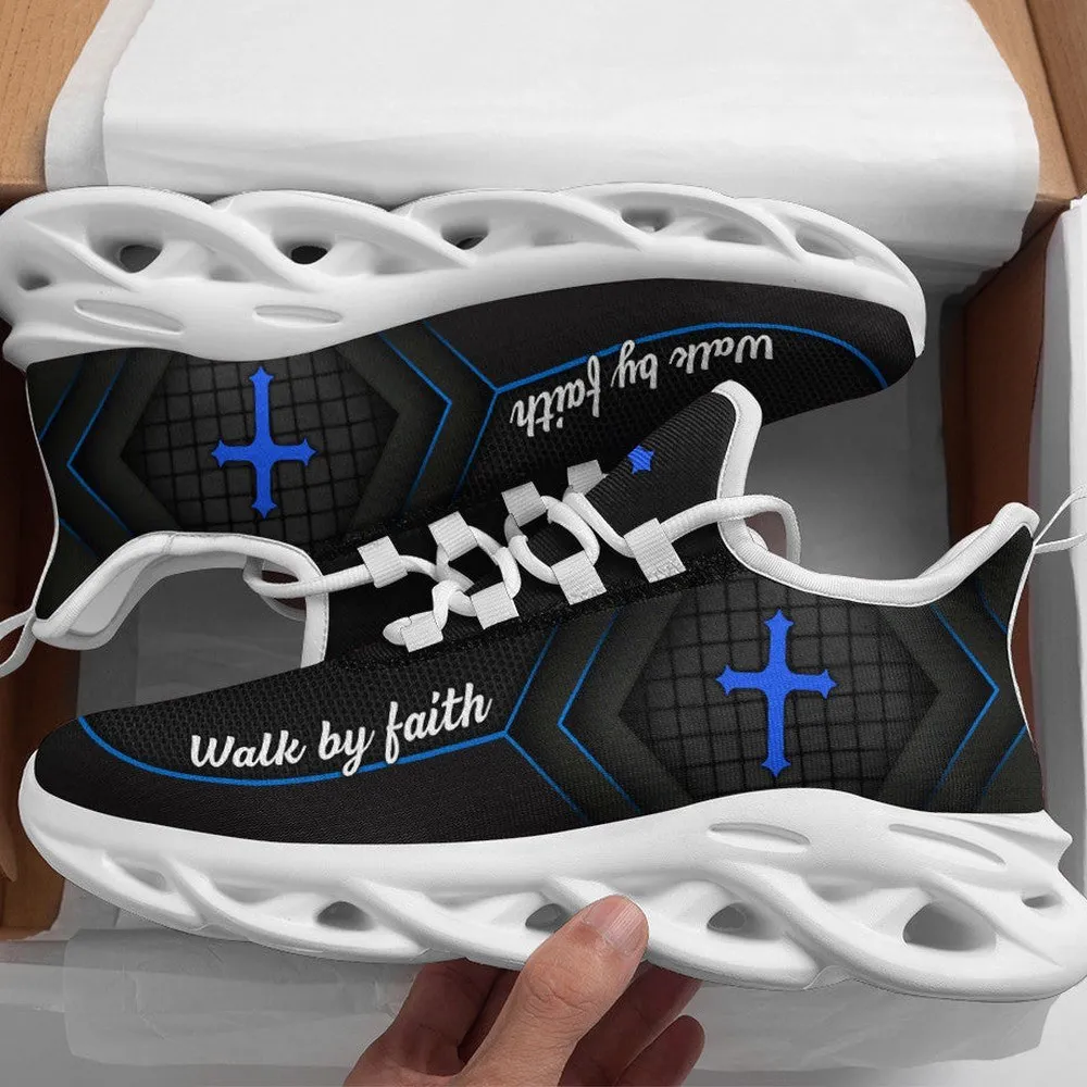 Jesus Christ Cross Walk By Faith Christian Black Max Soul Shoes, Blue Grid Sneakers, Church Footwear Gift for Men and Women