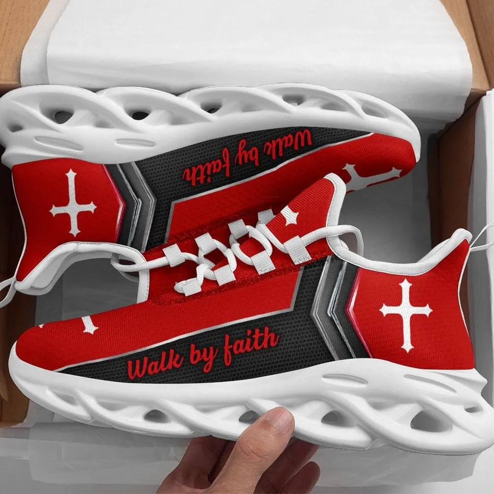 Jesus Christ Cross White Walk By Faith Max Soul Shoes, Red Christian Sneakers, Church Footwear Gift for Men and Women