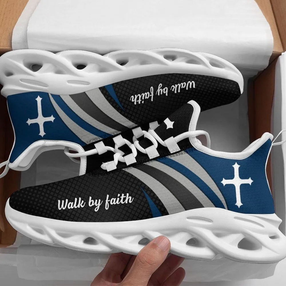 Jesus Christ Walk By Faith Black Max Soul Shoes, Navy Cross Christian Sneakers, Church Walking Footwear for Men and Women