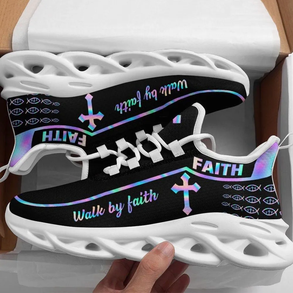 Jesus Christ Walk By Faith Christian Black Max Soul Shoes, Holographic Ichthys Fish Sneakers, Church Gift for Women and Men