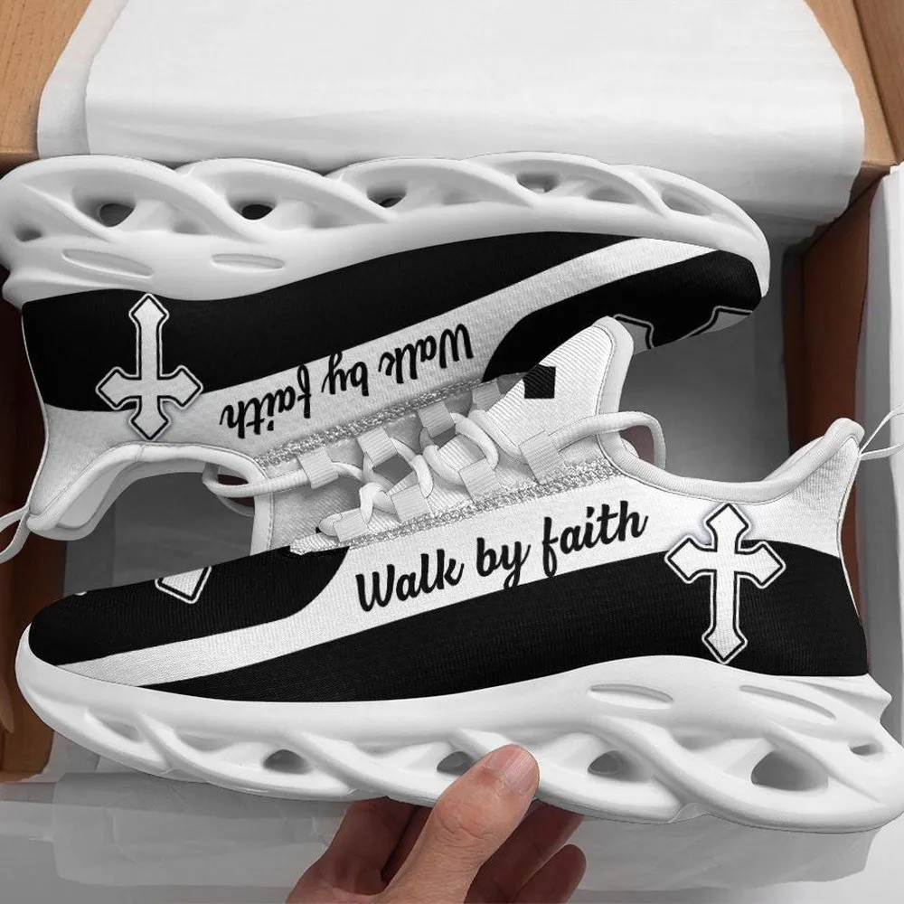 Jesus Christ Walk By Faith Christian Black White Max Soul Shoes, Outlined Cross Sneakers, Church Footwear for Women and Men