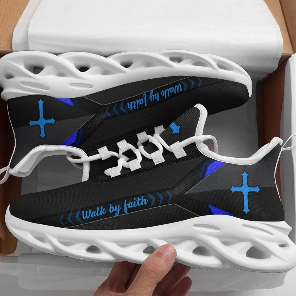 Jesus Christ Walk By Faith Christian Blue Black Max Soul Shoes, Glowing Cross Sneakers, Church Footwear Gift for Men and Women