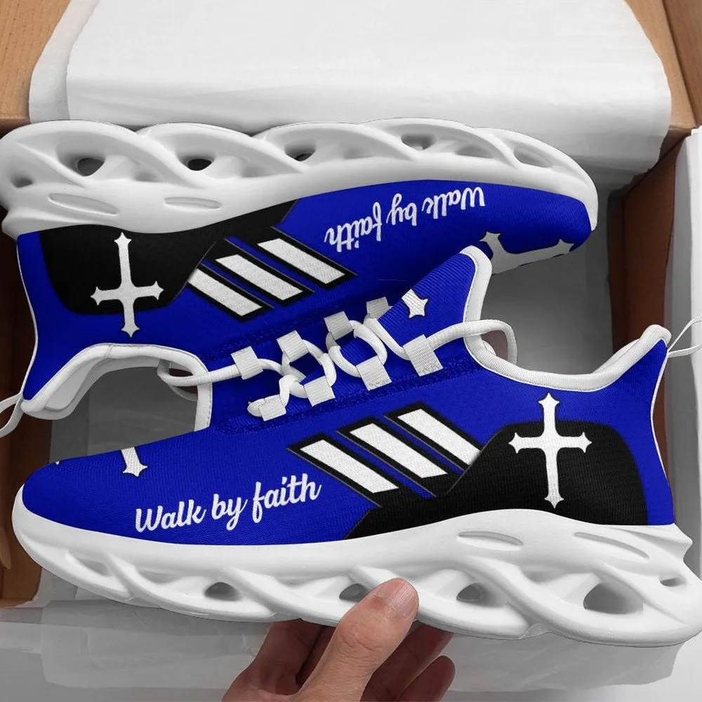 Jesus Christ Walk By Faith Christian Blue Max Soul Shoes, White Cross Sneakers, Church Walking Footwear for Women and Men