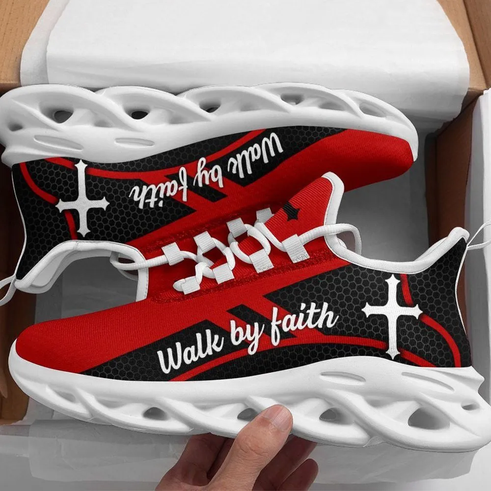 Jesus Christ Walk By Faith Christian Red Black Max Soul Shoes, White Cross Sneakers, Church Footwear Gift for Men and Women