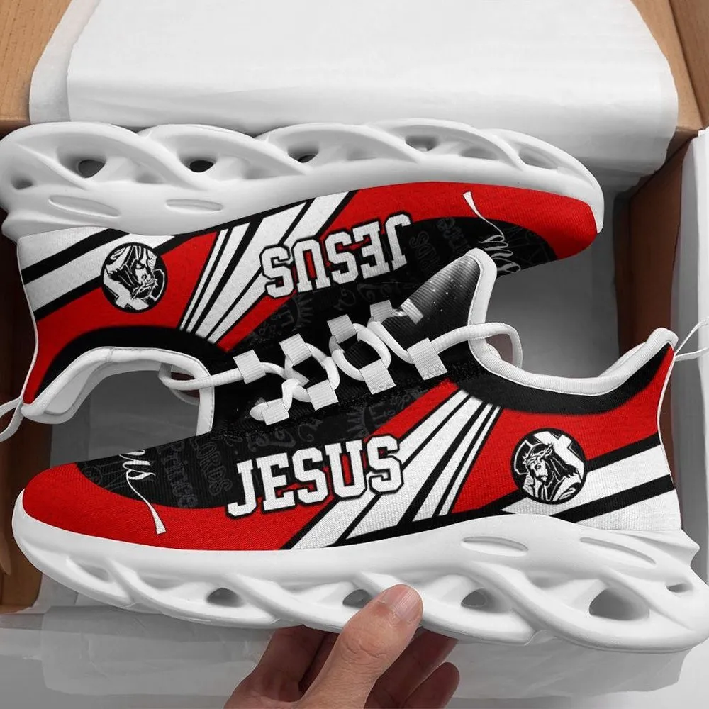 Jesus Christian Black And Red Max Soul Shoes, Racing Stripe Cross Sneakers, Bible Lettering Footwear for Men and Women