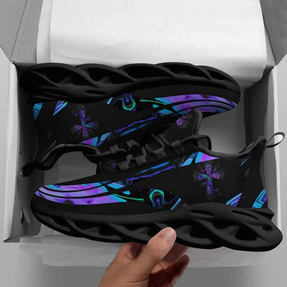 Jesus Christian Black Max Soul Shoes, Holographic Purple Cross Sneakers, Faith Running Footwear, Church Gift for Men and Women