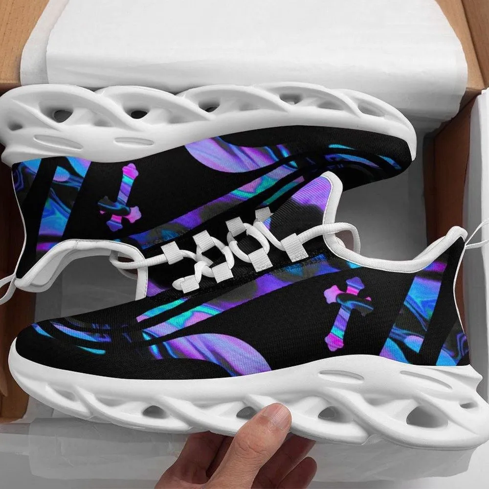 Jesus Christian Black Purple Max Soul Shoes, Holographic Cross Sneakers, Church Walking Footwear, Faith Gift for Women and Men