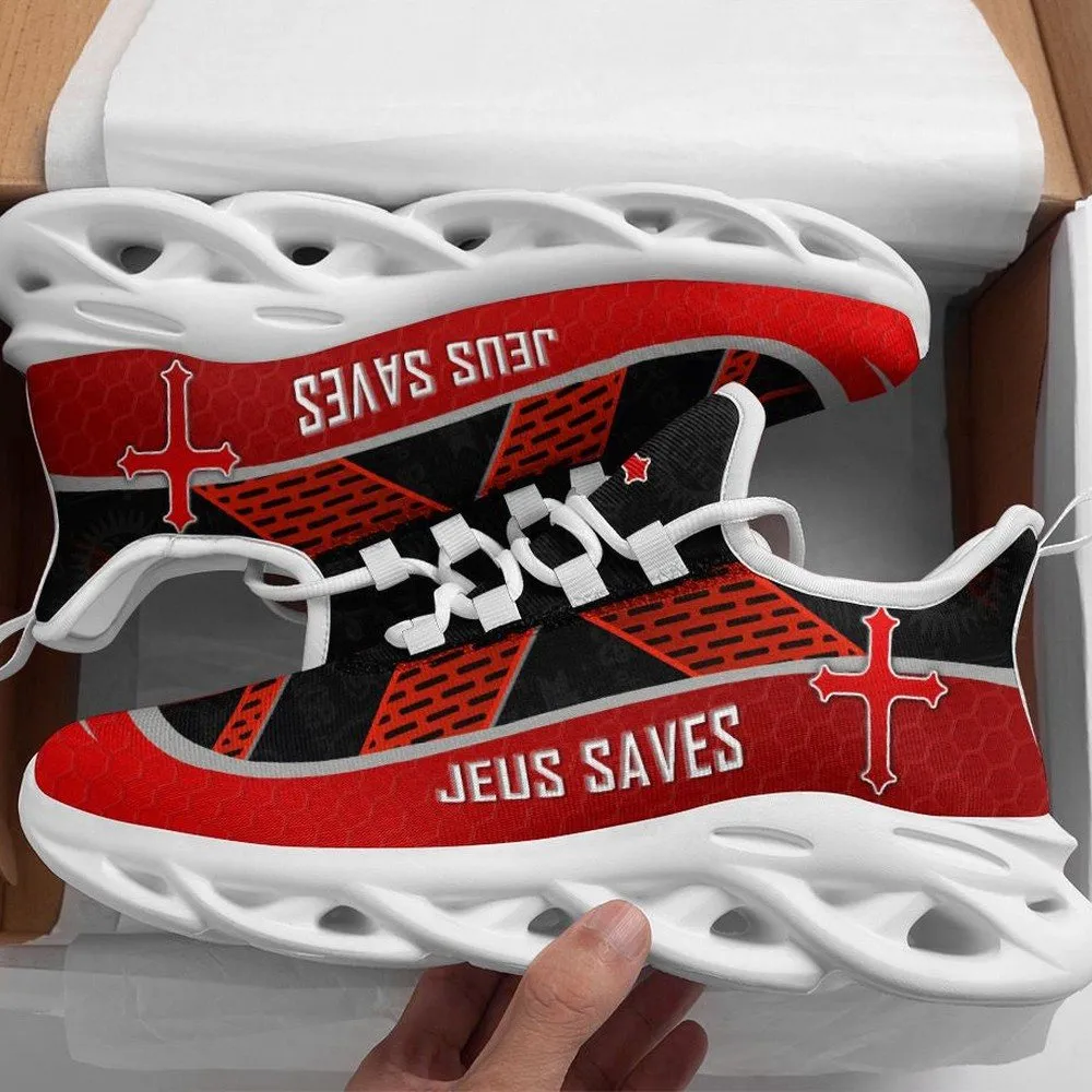 Jesus Christian Black Red Max Soul Shoes, Crusader Cross Running Sneakers, Saves Slogan Church Gift for Men and Women