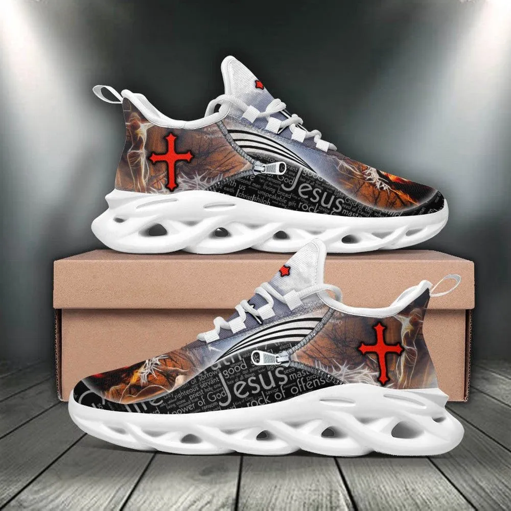Jesus Christian Black White Max Soul Shoes, Crown of Thorns Red Cross Sneakers, Bible Word Art Faith Gift for Men and Women