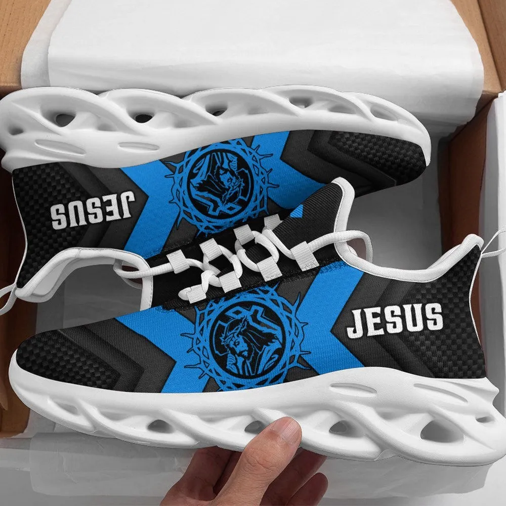 Jesus Christian Blue Max Soul Shoes, Crown of Thorns Medallion Sneakers, Black Carbon Lace-Up Running Trainers, Faith Gift for Men and Women