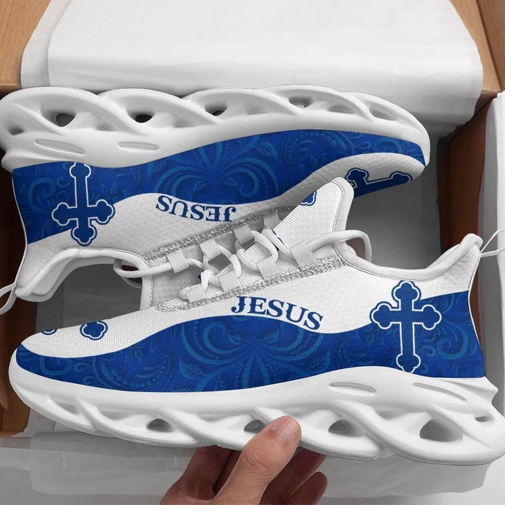 Jesus Christian Blue White Max Soul Shoes, Paisley Wave Budded Cross Sneakers, Church Lace-Up Walking Trainers for Men and Women