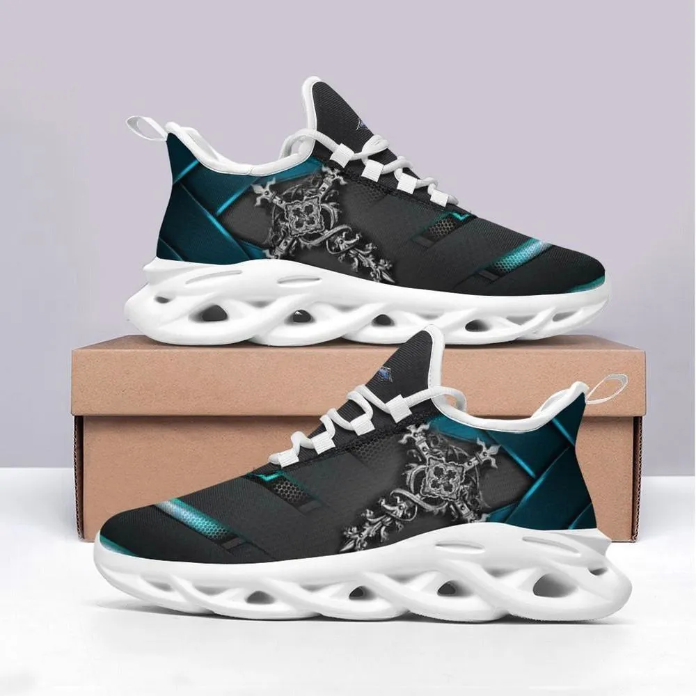 Jesus Christian Cross Black Max Soul Shoes, Ornate Silver Filigree Sneakers, Teal Faith Lace-Up Walking Trainers for Men and Women