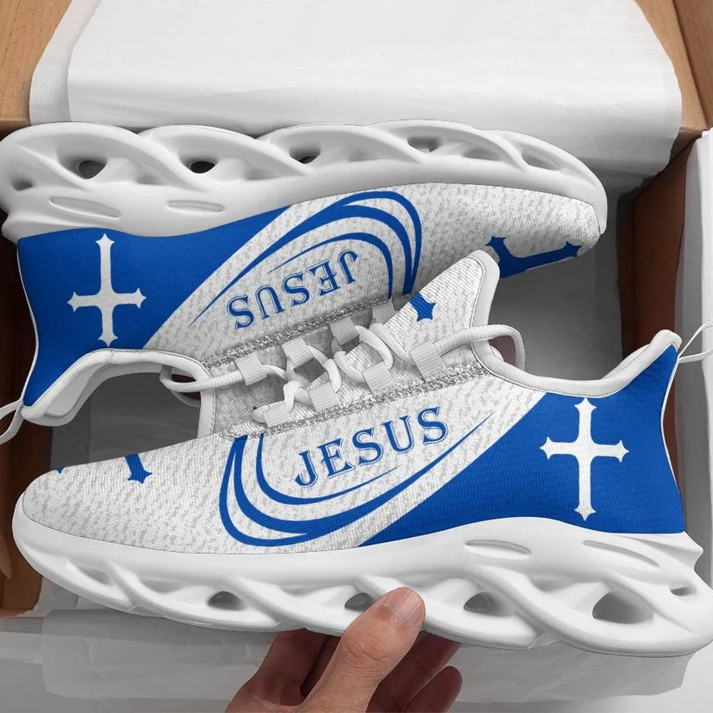 Jesus Christian Cross Blue Max Soul Shoes, White Orbit Name Sneakers, Church Lace-Up Running Trainers for Men and Women