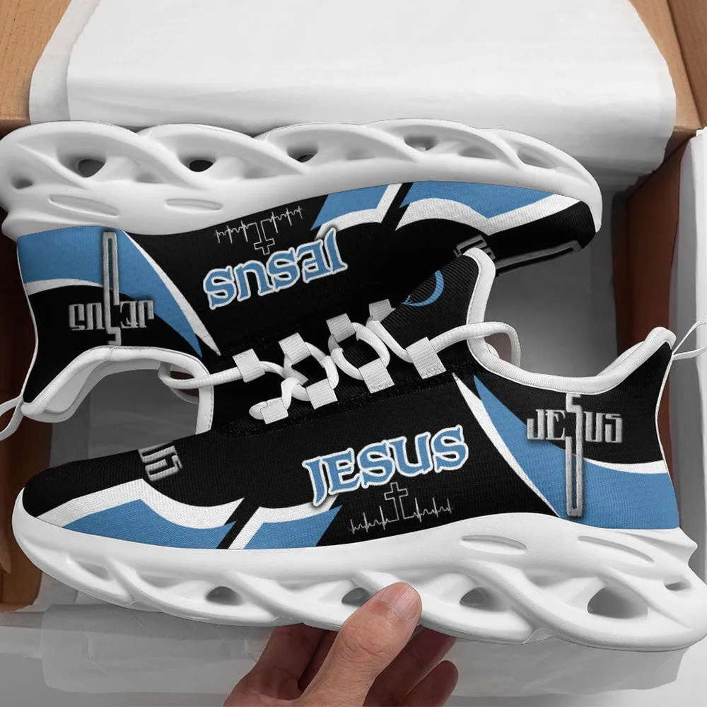 Jesus Christian Cross Max Soul Shoes, Heartbeat Line Sneakers, Black and Sky Blue Lace-Up Walking Trainers, Faith Gift for Men and Women